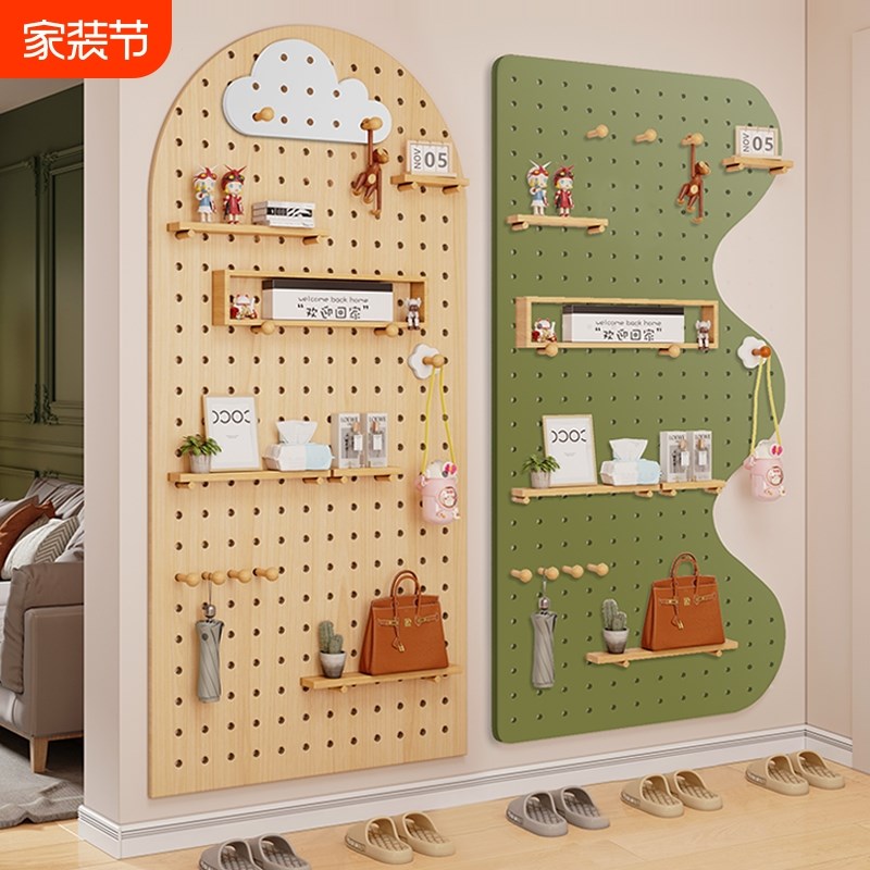 实木入户玄关洞洞板置物架u多功能收纳架墙面隔板壁挂展示架整理