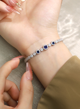 925纯银高端奢华满钻重工网球手链轻奢彩宝手饰女款宝石蓝色饰品