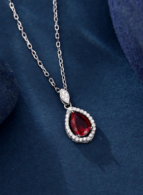 S925银红色水滴项链满钻水滴形吊坠锁骨链复古高级感送女友礼物