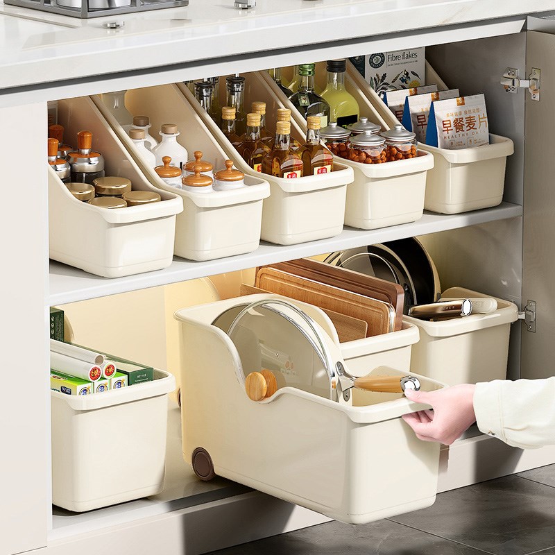 厨房收纳盒锅盖架置物架塑料锅具收纳架J带滑轮橱柜收纳盒储物架
