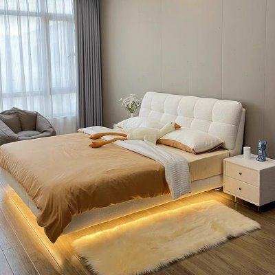 奶油风悬浮床云朵泡芙床现代简约主卧双人床轻奢羊羔绒布艺软包床,住宅家具,布艺床,淘宝优惠券,粉丝福利购,淘宝优惠卷