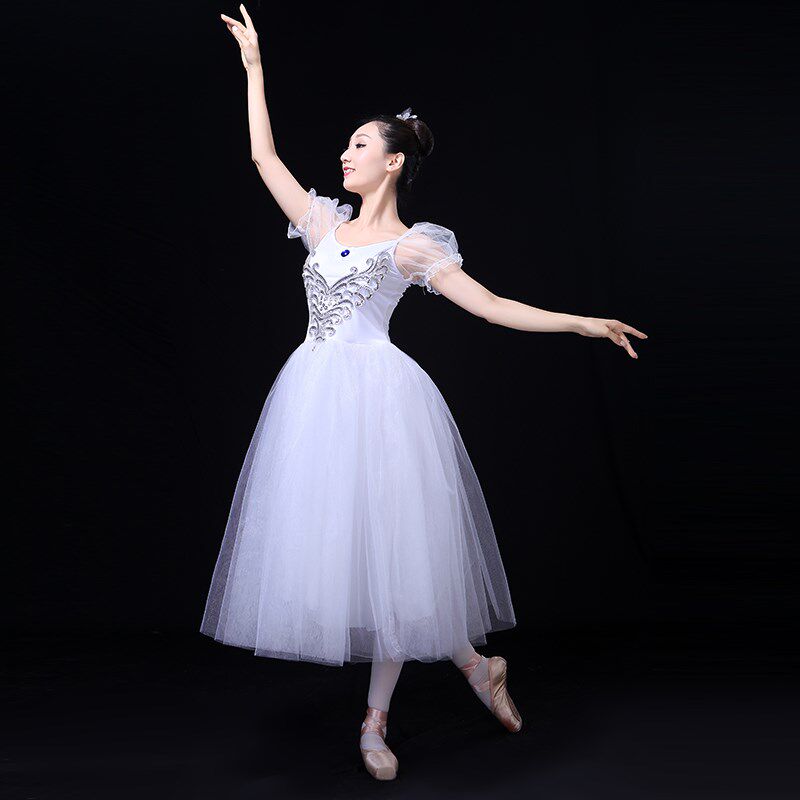 芭蕾舞裙成人大人女练功表演出合唱服纱裙泡泡袖中长款白色加胸花