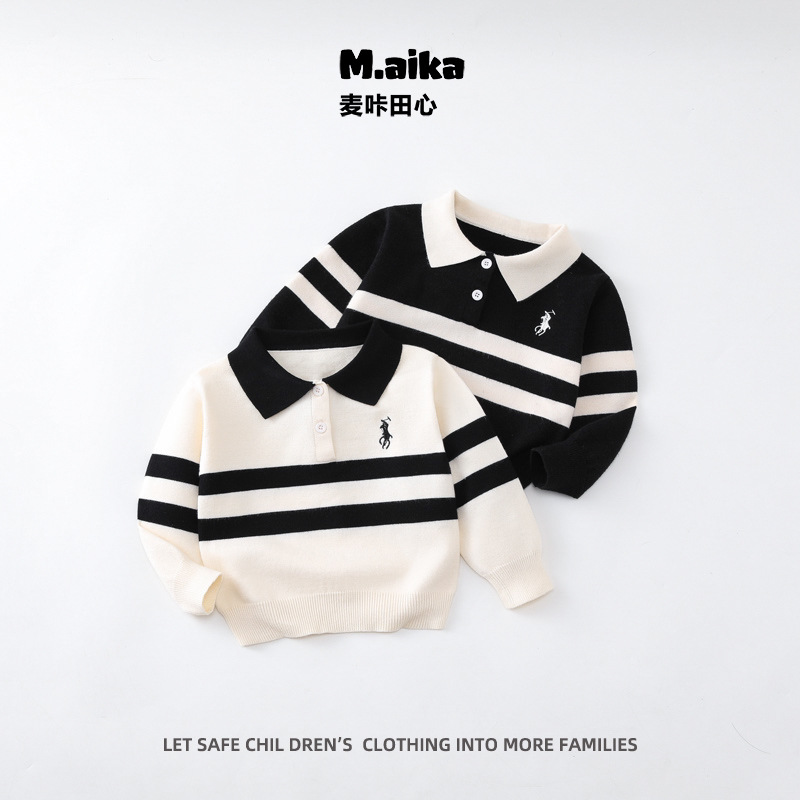 儿童翻领条纹韩版针织毛衣2024秋冬男童休闲百搭毛衣刺绣POL0衫