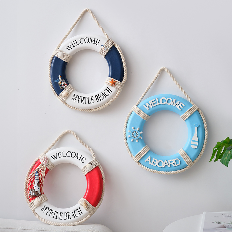 地中海木质泳圈挂件壁q饰装饰品木制救生圈欢迎牌创意海洋壁饰挂