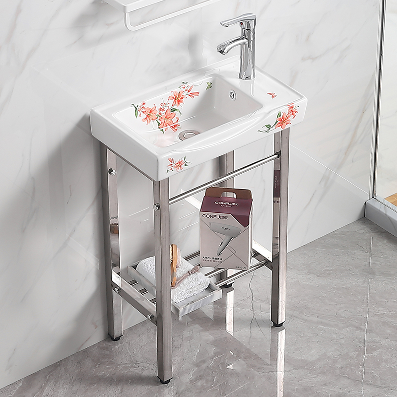 小户型洗b手盆落地不锈钢架彩花洗脸池卫生间阳台柱盆户外一体台