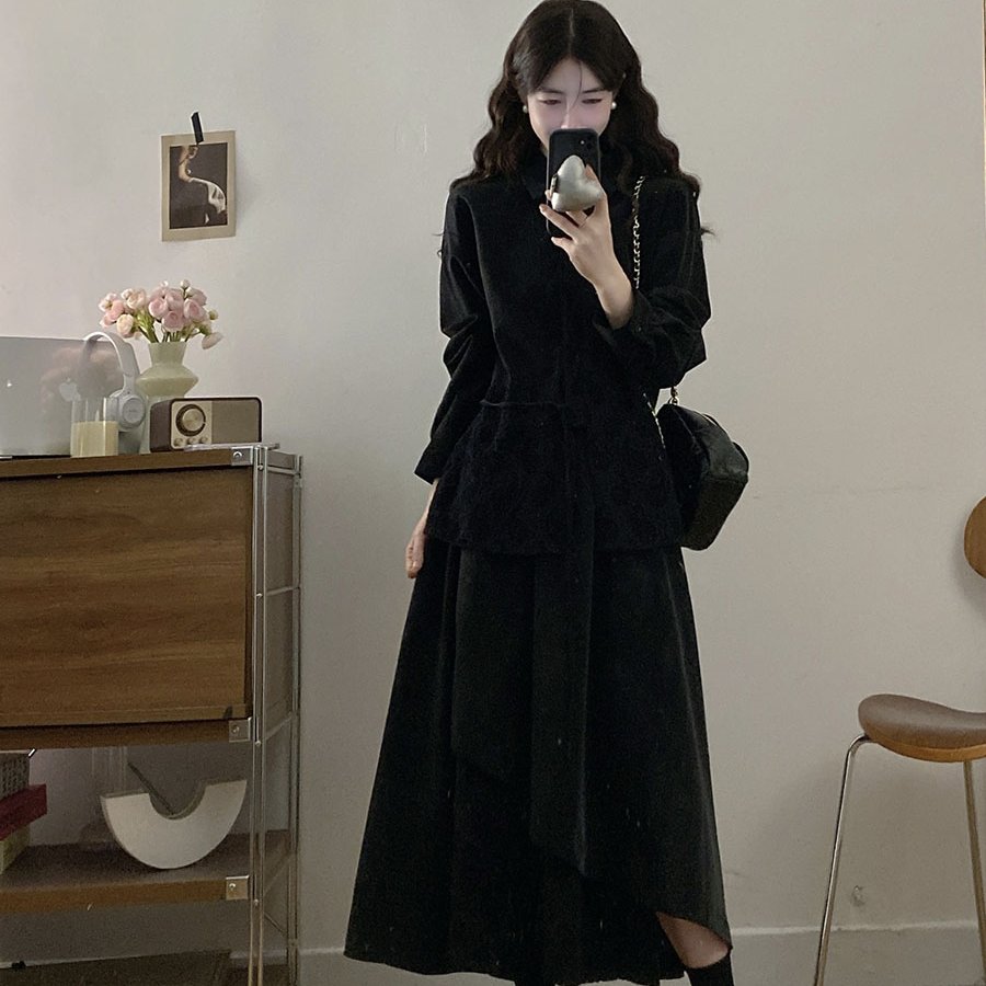 实拍 大码2025新款皮质黑色蕾丝拼接百搭复古休闲衬衫+半身裙套装