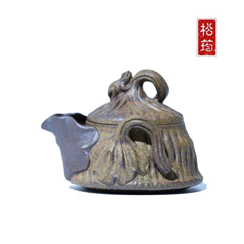 原矿龙骨金砂纯手工莲籽手抓壶160ML贴花手抓壶自用宜兴紫砂壶