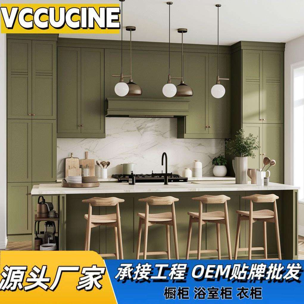 外贸厂家美式风整体厨房橱柜定 制灶台一体带造型工程出口橱柜