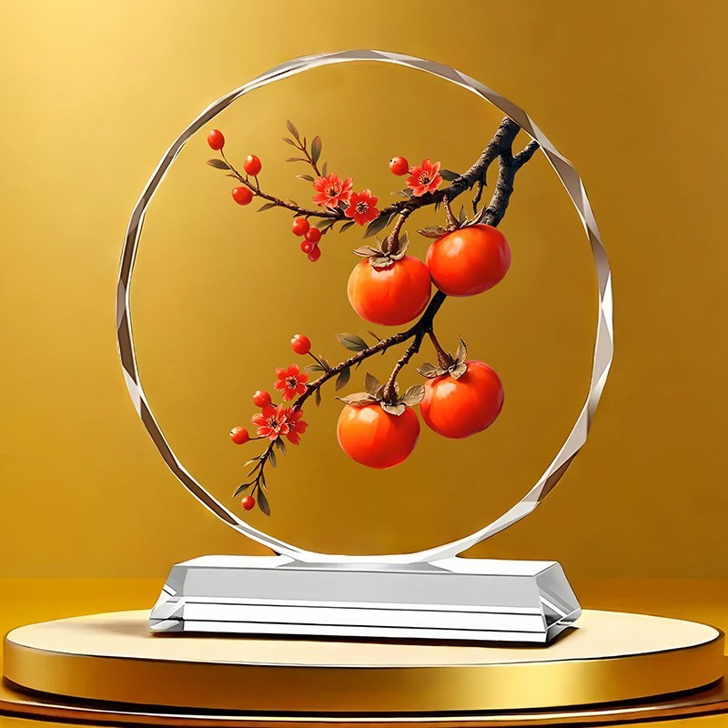 好柿成双水晶摆件客厅乔迁送礼摆台招G财锦鲤玄关办公桌桌面工艺