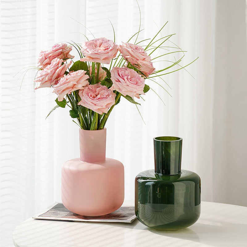 花瓶摆件客厅插花高级感轻奢玻璃水养水培L鲜花中古新中式绿色餐