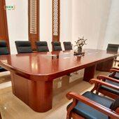 公4.8米实木皮中式 会议桌 大型会议台带线盒油漆长条桌开会桌子