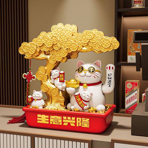 生意兴隆发财树招财猫摆件自动招手开业礼物店铺前台收银台装饰品