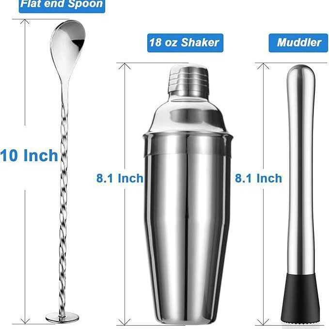 5 件套鸡尾酒调酒器套装调酒器+过滤器+跳汰机+平头酒吧勺+搅拌器