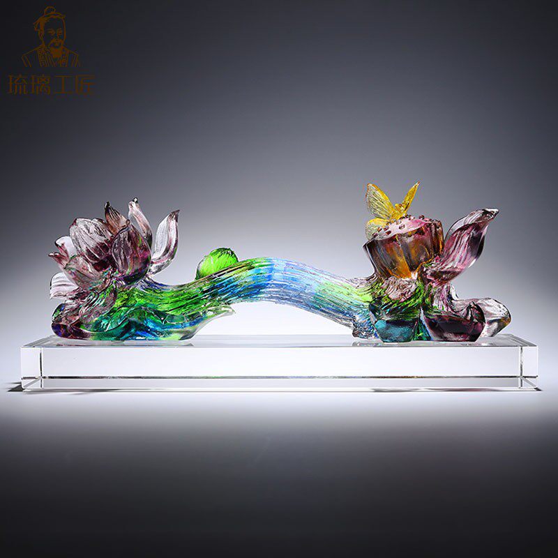 淄博琉璃如意蝴蝶水晶荷花摆件暖房礼物乔迁新居高档大气手工艺品