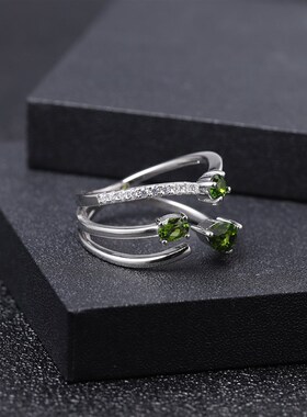 逆袭系列 透辉石镶嵌宝石戒指925银 开口女款戒指潮人 气质时尚风
