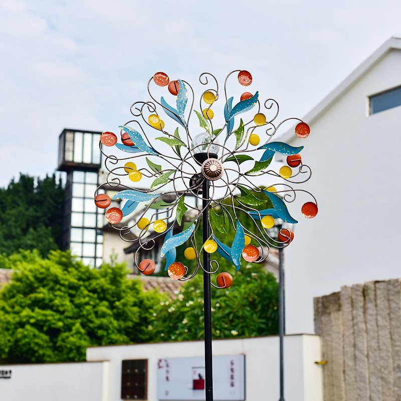 新款铁艺风车双面旋转金属风车户外花园庭院太阳能铁艺风车装饰品