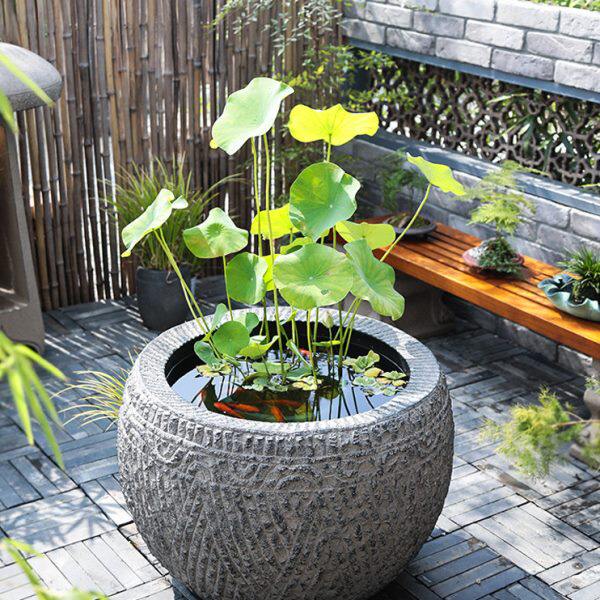 庭院花园摆件造景养鱼种花人造石圆缸仿古圆形大水缸户外装饰鱼池