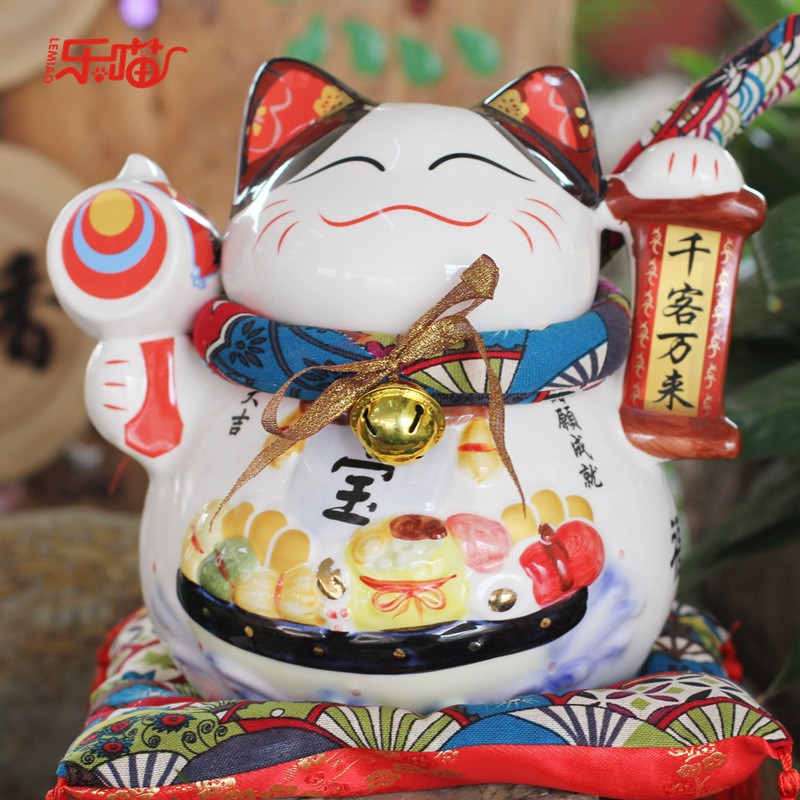 乐喵 9寸宝船锣鼓招财猫祝愿猫陶瓷工艺品 创意礼品 店铺开业摆件
