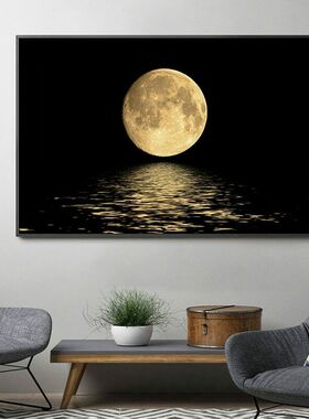 高清简约单幅现代黑色白色月亮画装饰画背景墙壁画客厅挂画油画