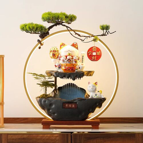 新中式流水生财摆件招财猫家居桌面店铺收银台前台乔迁开业礼品