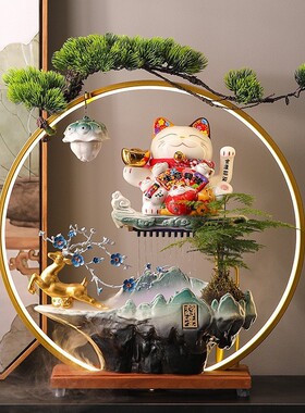 流水摆件循环水一鹿发财招财猫摆件开业礼物自动招手客厅前台公司
