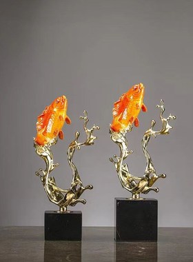 如鱼得水锦鲤高档轻奢玄关酒柜新中式珐琅彩摆件乔迁电视柜装饰品