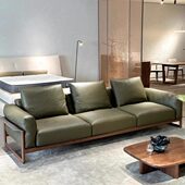 意式 轻奢黑胡桃木实木沙发别墅客厅直排真皮沙发中古风样板房家具