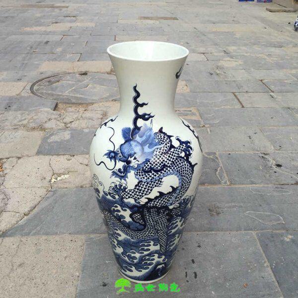 景德镇陶瓷器落地花瓶手绘青花瓷祥龙纹双龙戏珠鱼尾中式客厅摆件