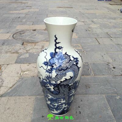 景德镇陶瓷器落地花瓶手绘青花瓷祥龙纹双龙戏珠鱼尾中式客厅摆件