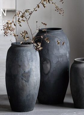做旧黑陶罐落地花瓶组合禅意土罐复古中式艺术老瓦罐仿古翁缸粗陶
