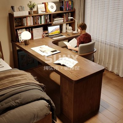 全实木转角书桌书柜书架一体组合 带抽屉角落拐角L型学习桌写字台