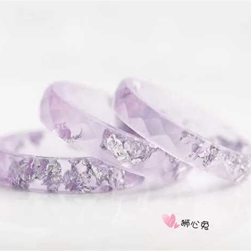 狮心兔 手工制i作 淡紫色熏衣草银箔片 菱角面切面刻面戒指 女戒