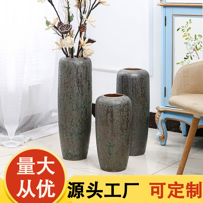 景德镇手工复古粗陶落地花瓶坛子缸花盆插花器干支插干花陶瓷花瓶