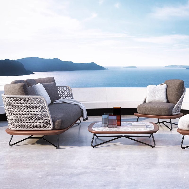 户外沙发室外露天庭院组合藤编椅花园样板房休闲茶几实木别墅家具