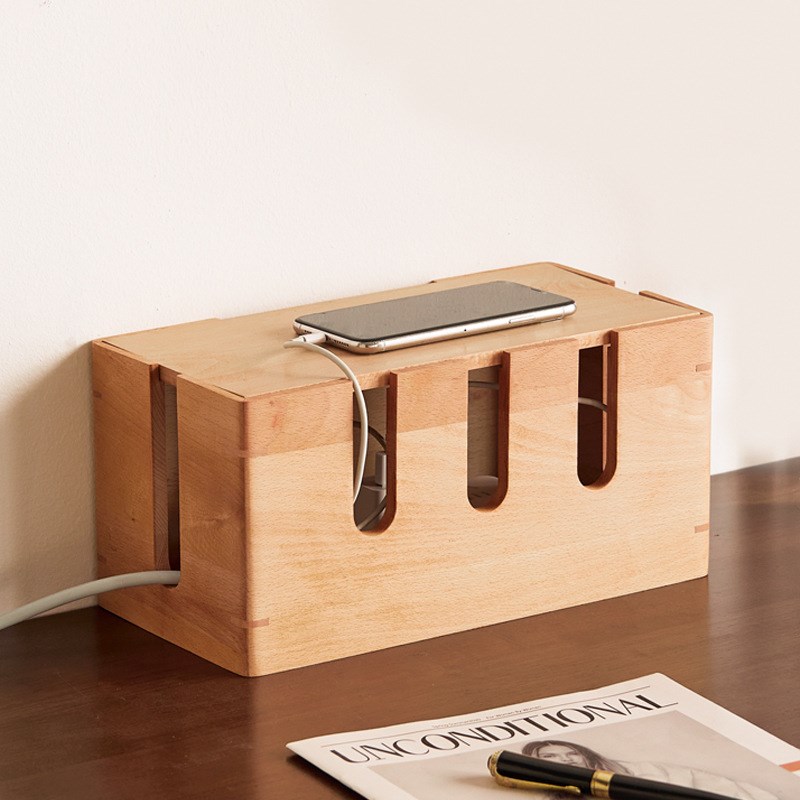 实木插线板插排收纳盒桌面整理线盒充电插座电源线集线盒遮挡装饰