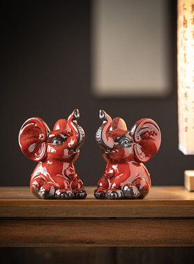 中国红喜庆大象摆件陶瓷小动物工艺品创J意家居桌面电视柜装饰礼