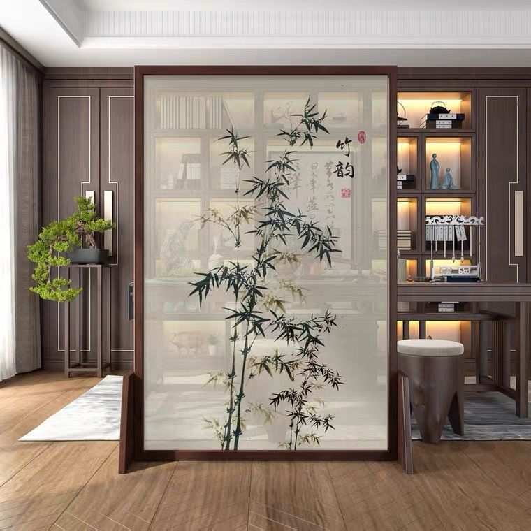 新古典实木屏风隔断客厅玄关酒店餐厅座屏半透纱移动屏风鱼跃龙门