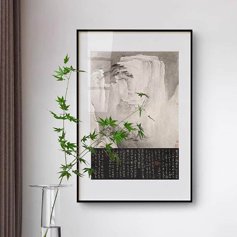 新中式酒店玄关竖版大幅装饰画软装设计师茶室书房石头挂画书法