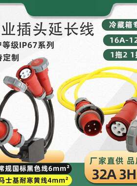 冷藏集装箱插头延长线黄色冷链车32A4芯3H船用航空插头1分2 1分3