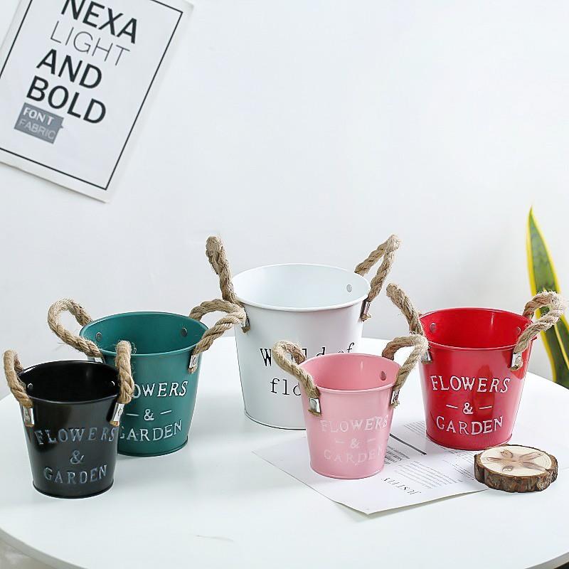 彩色铁皮花盆麻绳花桶铁艺绿植多肉F套盆套桶桌面收纳小桶装饰摆