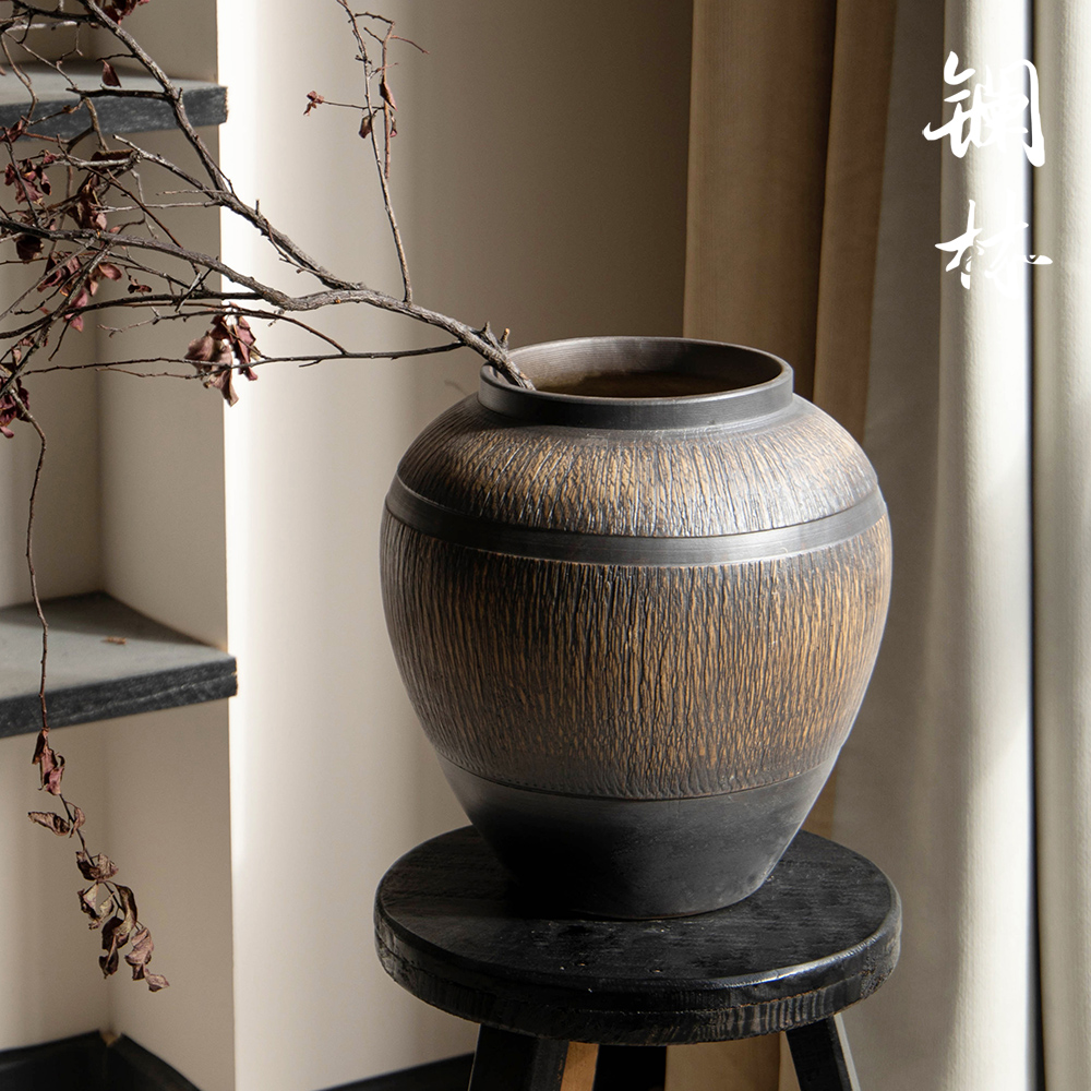 简约现代陶瓷花瓶插花装饰侘寂风客厅摆件L黑色大口中式陶瓷插花