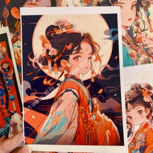Q版国潮女孩临摹卡儿童创意美术明信片马克笔卡通动漫多彩国风画