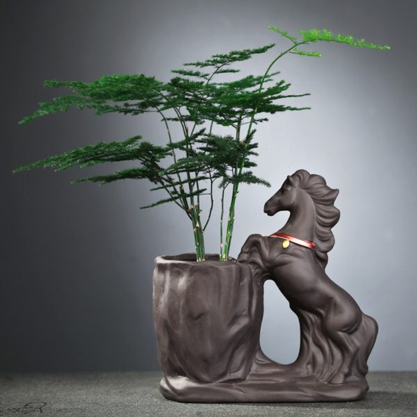 创意紫砂陶瓷花盆铜钱草水培无孔花器电视柜桌面绿萝马到成功摆件