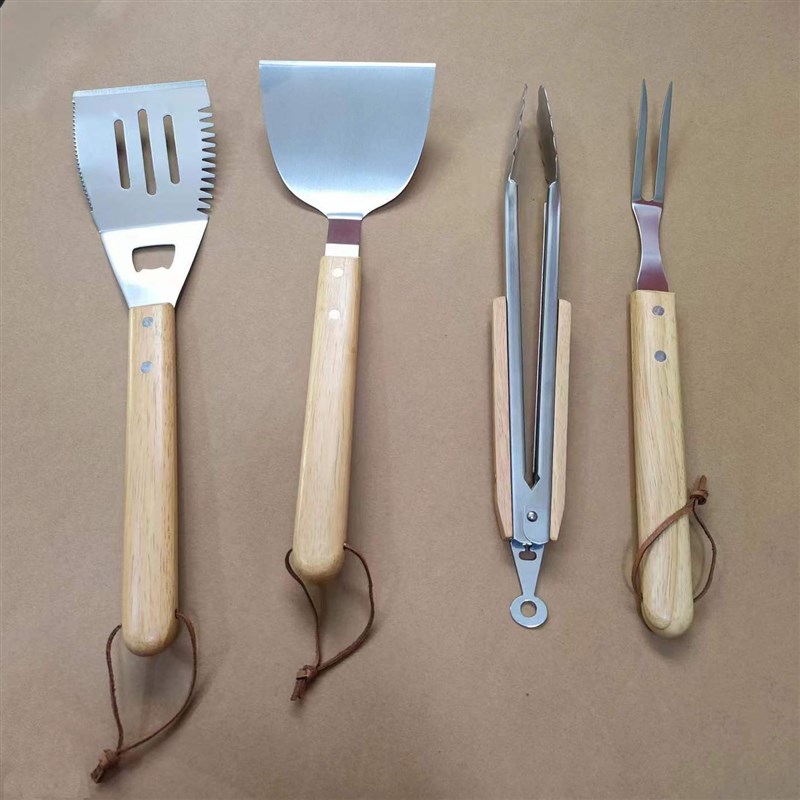 热销橡胶木手柄烧烤工具 430/420不锈钢烧烤四件套BBQ TOOLS SET