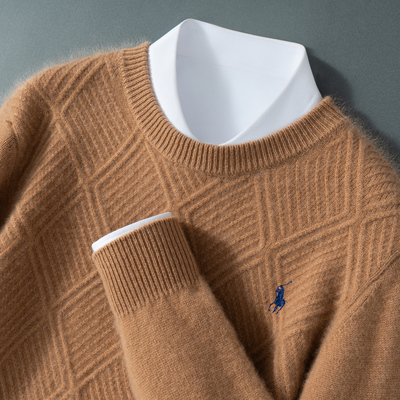 100%纯羊毛衫男圆领加厚菱形绞花时尚百搭针织衫休闲毛衣