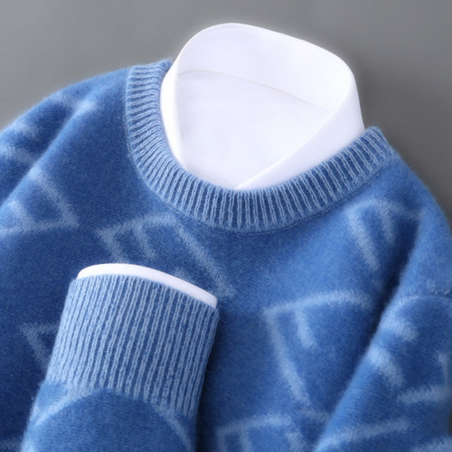 100%纯羊绒衫男圆领加厚毛衣宽松针织打底衫秋冬新款提花羊毛衫