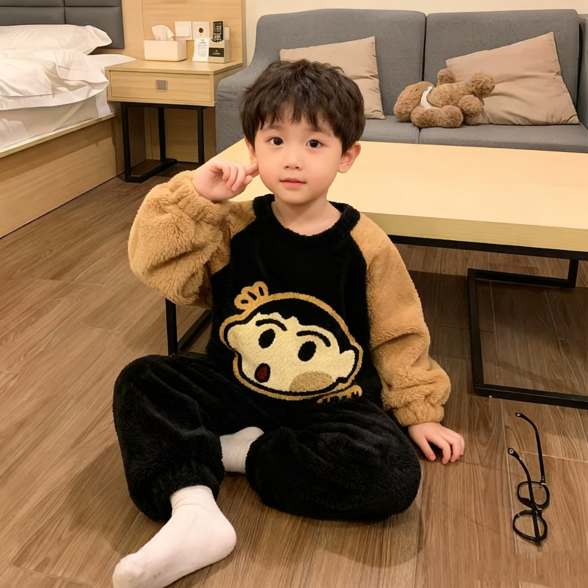 女童男童睡衣秋冬季加厚法兰绒冬季家居服套装保暖可爱卡通可爱