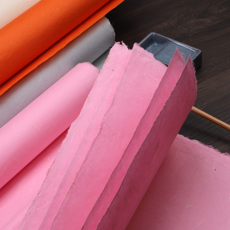 四尺彩色云龙皮纸果绿手工大红色毛笔书法半生半熟粗纤维宣纸包装