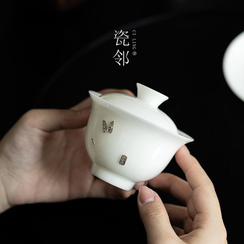 羊脂玉瓷锔钉冰种三才盖碗茶杯功夫茶具品茗杯茶盏泡茶碗单个高档