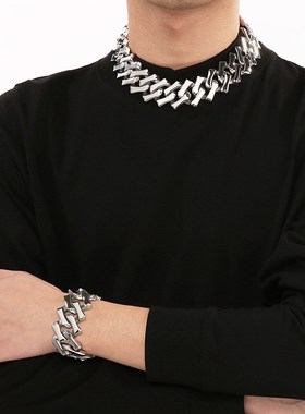 钛钢饰品 欧美大气嘻哈32mm粗款菱形古巴链女士手链男生高级感